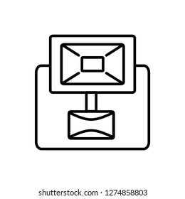 Black & white vector illustration of spotlight with motion security sensor. Line icon of outdoor light fixture. Isolated object on white background