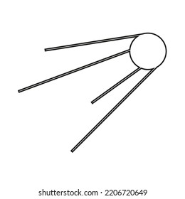 Black and white vector illustration of the Sputnik spacecraft. Satellite of the Earth.Exploration of the universe. A symbol of a space expedition, science, the future, exploration of the Solar system.