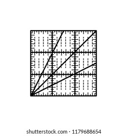 Black & white vector illustration of square quilting ruler. Line icon of patchwork & sewing tool to measure fabric blocks. Isolated object on white background. 