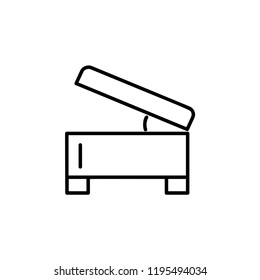 Black & white vector illustration of square storage ottoman, pouf. Line icon of accent stool or chair. Living room, bedroom & patio furniture. Isolated object on white background. 