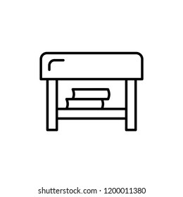 Black & white vector illustration of square ottoman. Line icon of coffee table with storage. Living room, bedroom & patio furniture. Isolated object on white background. 