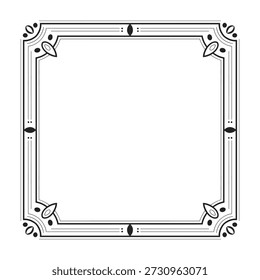 Eine schwarz-weiße Vektorgrafik eines quadratischen Rahmens mit ausgeprägten geometrischen Akzenten im Art-Deco-Stil und klaren Linien, ideal für elegante und formale Designanwendungen.