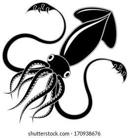 Black and white vector illustration of a squid
