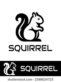 A black and white vector illustration of a squirrel logo, featuring a stylized squirrel with a bushy tail in a modern and minimalistic design