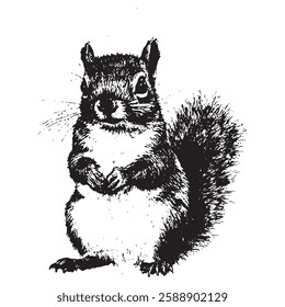 black and white vector illustration of a squirrel in a vintage engraving style, with detailed fur texture. Perfect for wildlife designs, nature-themed artwork, and rustic prints.