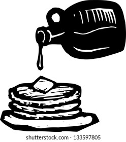 Black and white vector illustration of stack of pancakes with syrup and butter