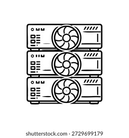 Ilustração vetorial em preto e branco de plataformas de mineração GPU empilhadas para tecnologia de criptomoeda e blockchain
