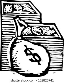 Black and white vector illustration of stacks of money and money bag