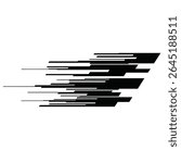 Black and white vector illustration of staggered speed lines creating a motion effect against a white background The lines are various lengths and thicknesses