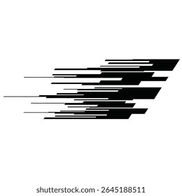 Black and white vector illustration of staggered speed lines creating a motion effect against a white background The lines are various lengths and thicknesses