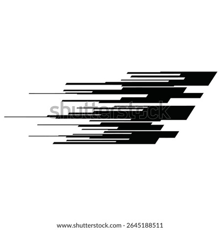Black and white vector illustration of staggered speed lines creating a motion effect against a white background The lines are various lengths and thicknesses