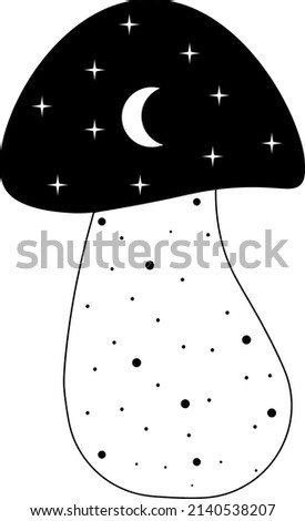 Black and white vector illustration - star mushroom, mystical, lunar, stars. The image is drawn in graphic style.
The image is suitable for prints, logos, printing on fabric