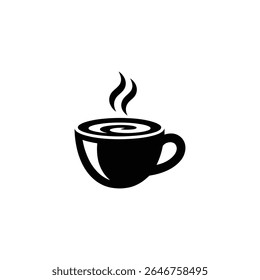 Black and white vector illustration of a steaming coffee cup. Perfect for cafe logos, beverage designs, and morning routine graphics.