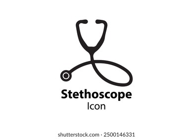 A black and white vector illustration of a stethoscope icon with bold text underneath. Ideal for medical, healthcare, and clinical design purposes.