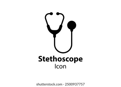 A black and white vector illustration of a stethoscope icon with bold text underneath. Ideal for medical, healthcare, and clinical design purposes.