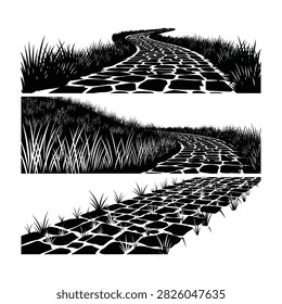 a black and white vector illustration of a stone pathway through a grassy field in three sections