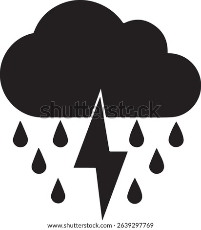 Black and white vector illustration of storm cloud with rain and lightning symbols