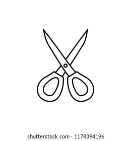 Black & white vector illustration of straight scissors. Line icon of quilting & sewing instrument to cut fabric. Patchwork, needlework tool. Isolated object on white background. 