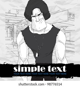 Black and white vector illustration of strong character at  subway station.  Place for your text.