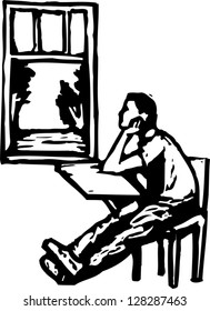 Black and white vector illustration of a student daydreaming