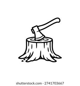 Black and white vector illustration of stump with axe simple line woodcut icon