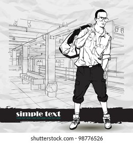 Black and white vector illustration of stylish guy at  subway station.  Place for your text.
