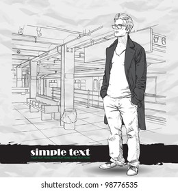 Black and white vector illustration of stylish guy at  subway station.  Place for your text.