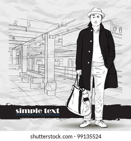 Black and white vector illustration of stylish autumnal guy at  subway station.  Place for your text.