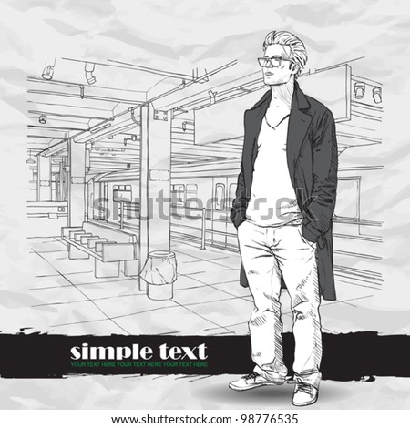 Black and white vector illustration of stylish guy at  subway station.  Place for your text.