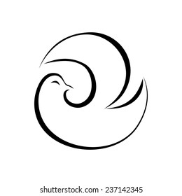 Black and white vector illustration with stylized abstract dove symbolizing peace and health care. Sketch ink painting. Pigeon stylized symbol. Design element useful for logo.