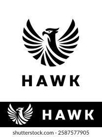 A black and white vector illustration of a stylized hawk logo, featuring a fierce hawk with outstretched wings in an elegant and modern design