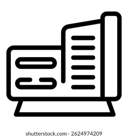 Black and white vector illustration of a stylized laptop with an open document, perfect for digital concepts