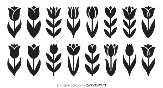 Ilustração de vetor preto e branco de flores de tulipa estilizadas em vários projetos decorativos
