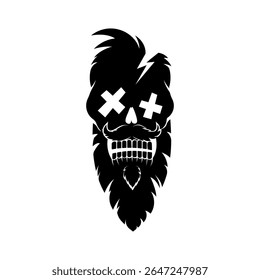 Ilustração de vetor preto e branco de um crânio estilizado com barba, bigode e olhos cruzados. Design gráfico arrojado com elementos de desenho animado em fundo branco.