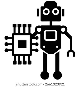 Una Ilustración vectorial en blanco y negro de un robot estilizado que sostiene un microchip con múltiples pines.