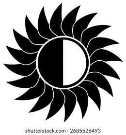 Ilustración vectorial en blanco y negro de un sol estilizado con pétalos, perfecto para el diseño de logotipos, el arte del tatuaje o la creación de elementos gráficos