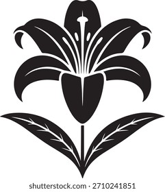 Ilustración vectorial en blanco y negro de una estilizada flor de lirio. Diseño simple y elegante, adecuado para varios proyectos creativos.