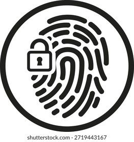 Ilustração vetorial em preto-e-branco de uma impressão digital estilizada delimitada por uma borda circular, com um ícone de cadeado sobreposto. Esse design mínimo simboliza autenticação biométrica, segurança digital, proteção de privacidade e verificação de identidade. Ideal para conteúdo de segurança cibernética, marcas de tecnologia e sistemas de acesso seguro.