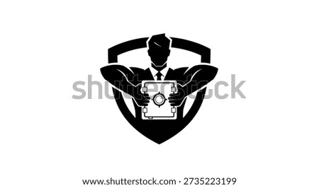 Black and white vector illustration of a stylized businessman with muscular arms holding a secure safe. The figure is enclosed within a shield shape. Editable vector suitable for various applications.