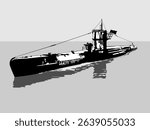 black and white vector illustration of submarine from world war 2 on water in sea, for design of military naval illustrations and stylish silhouettes