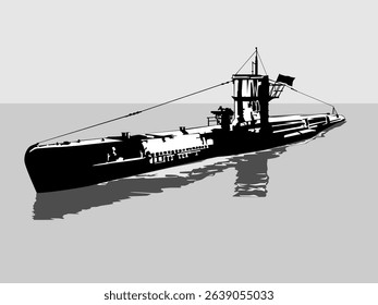 black and white vector illustration of submarine from world war 2 on water in sea, for design of military naval illustrations and stylish silhouettes