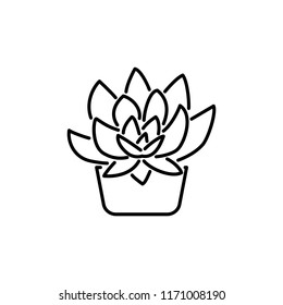 Black & white vector illustration of succulent in pot. Decorative home plant in containers. Line icon of indoor desert plant. Potted houseplant. Isolated object on white background.