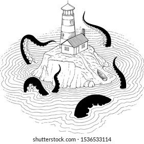 Black and white vector illustration of sudden visit to the lighthouse