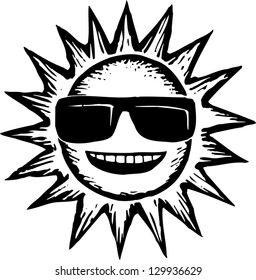 Black and white vector illustration of sun wearing sunglasses