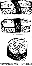 Black and white vector illustration of sushi maki and nigiri sushi