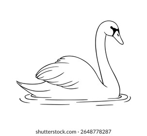 Ilustração vetorial em preto e branco de um cisne nadando na água. Estilo minimalista de arte de linha. Adequado para colorir páginas, design, impressões e projetos decorativos.