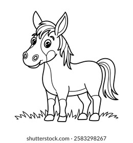 A black and white vector illustration of a sweet donkey with a clean line style. The donkey is cute and standing on a green field.