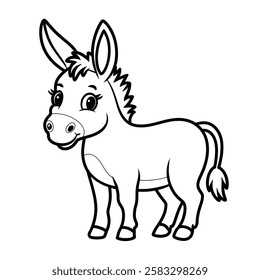 A black and white vector illustration of a sweet donkey with a clean line style. The donkey is cute and standing on a green field.