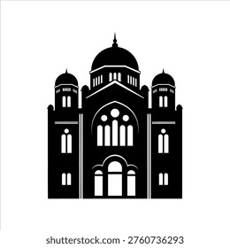 A black and white vector illustration of a synagogue building, featuring domes and arched windows, representing Jewish worship and culture.