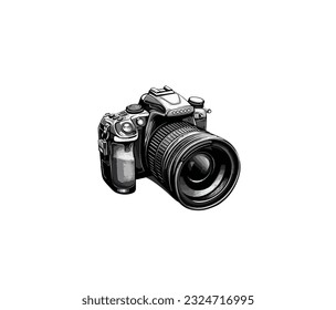 Black and white vector illustration of a system camera on a white background